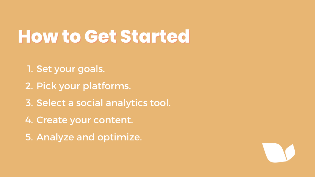 How to Get Started: 1. Set your goals. 2. Pick your platforms. 3. Select a social analytics tool. 4. Create your content. 5. Analyze and optimize.