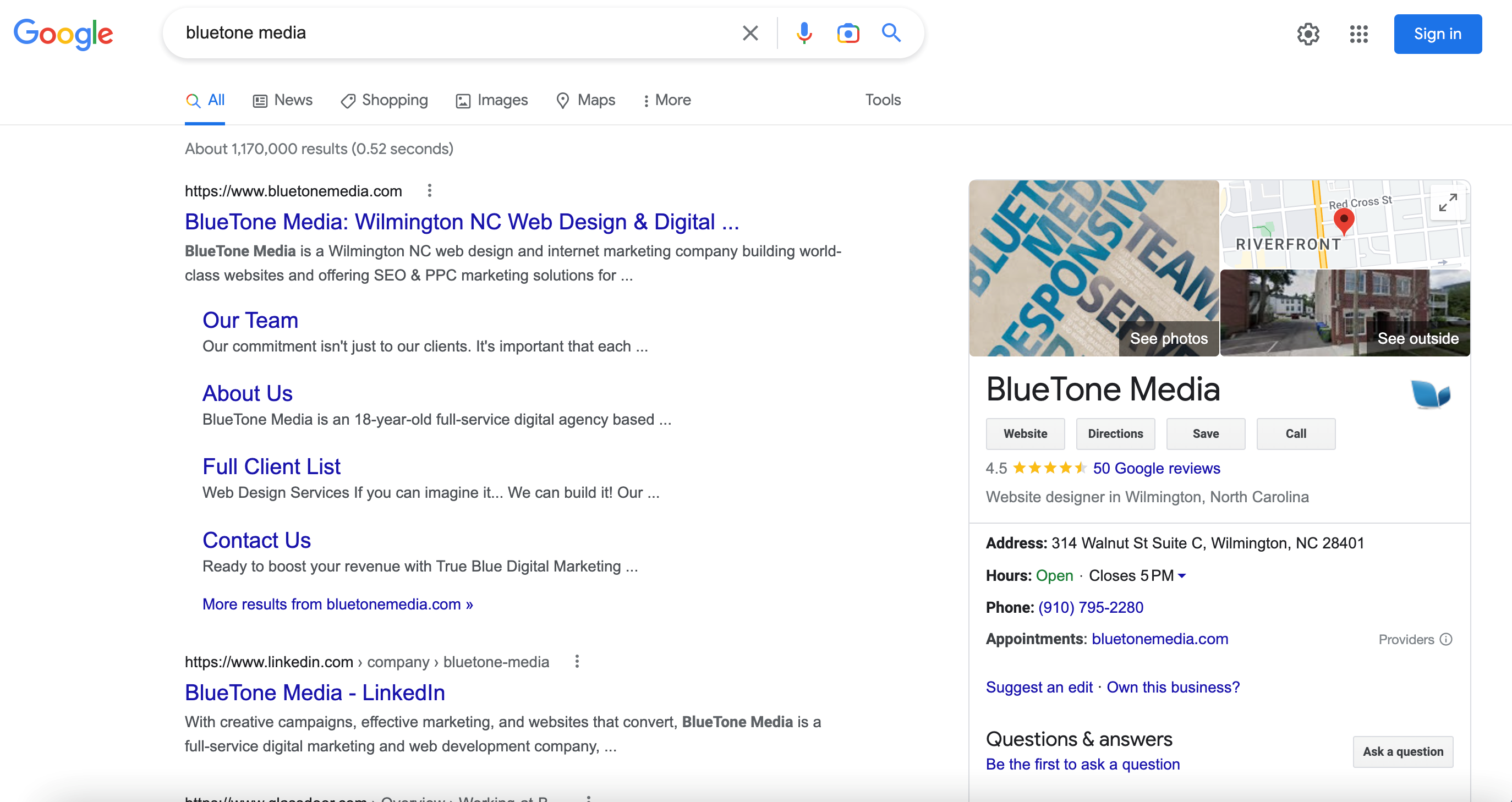 Screenshot of BlueTone Media Google Business Profile