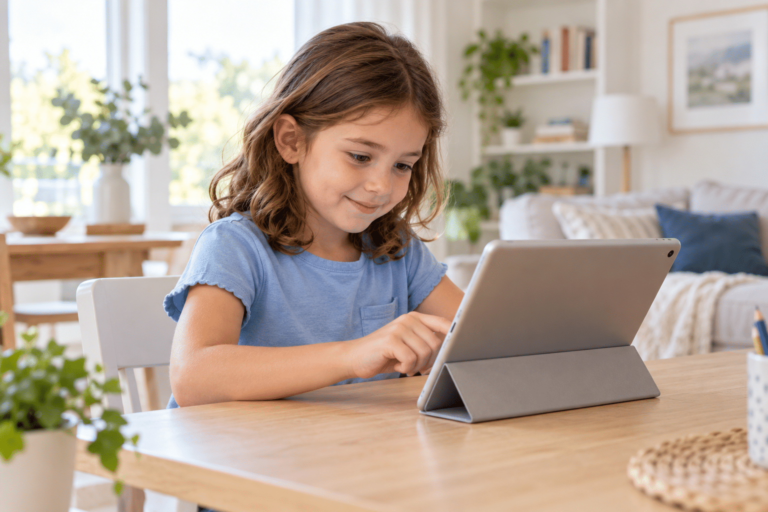 Young child using a tablet at a table