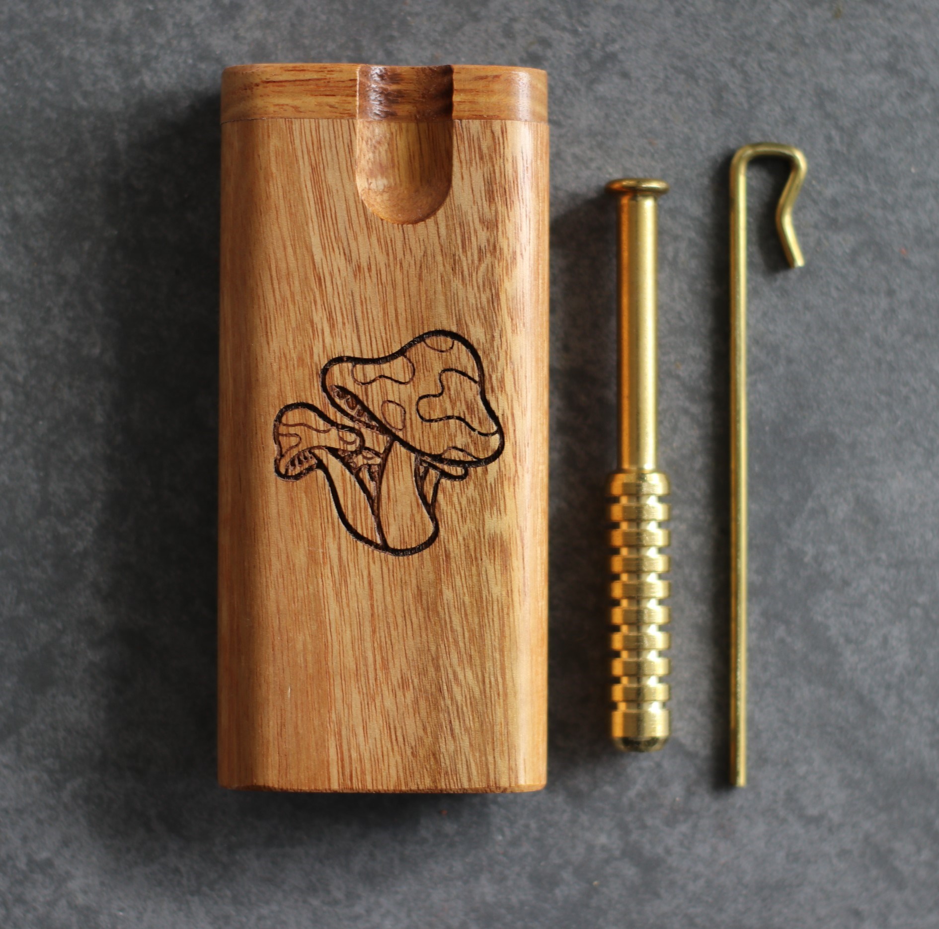 4" Teak Wood Swivel Lid Dugout & Brass One Hitter- Best Gift- Mushroom Engraved Dugout