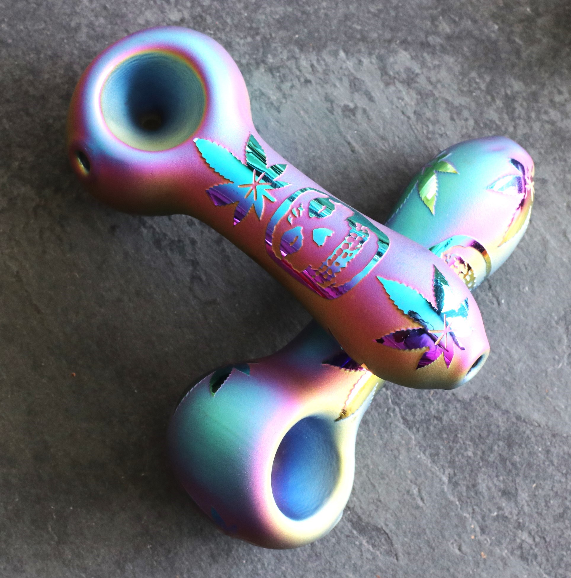4" Glass Spoon Pipe w/colorful ceramic coating-Rainbow Skull - Glass Spoon PIpes