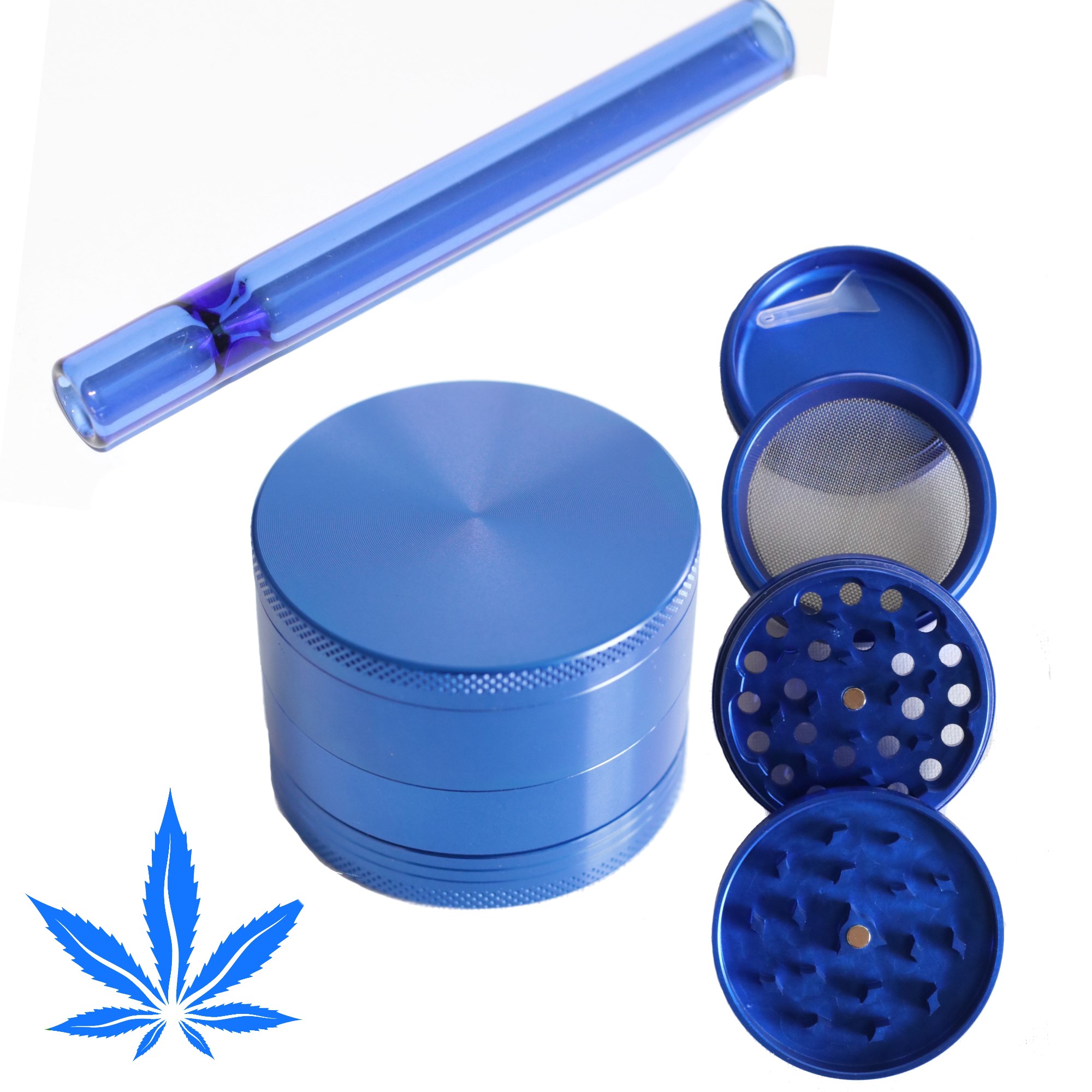 PRO 420 Blue Gift Pack- Herb Grinder & Glass Pipe-Great Gift for Smokers - Black Glass Pipe & Weed Grinder