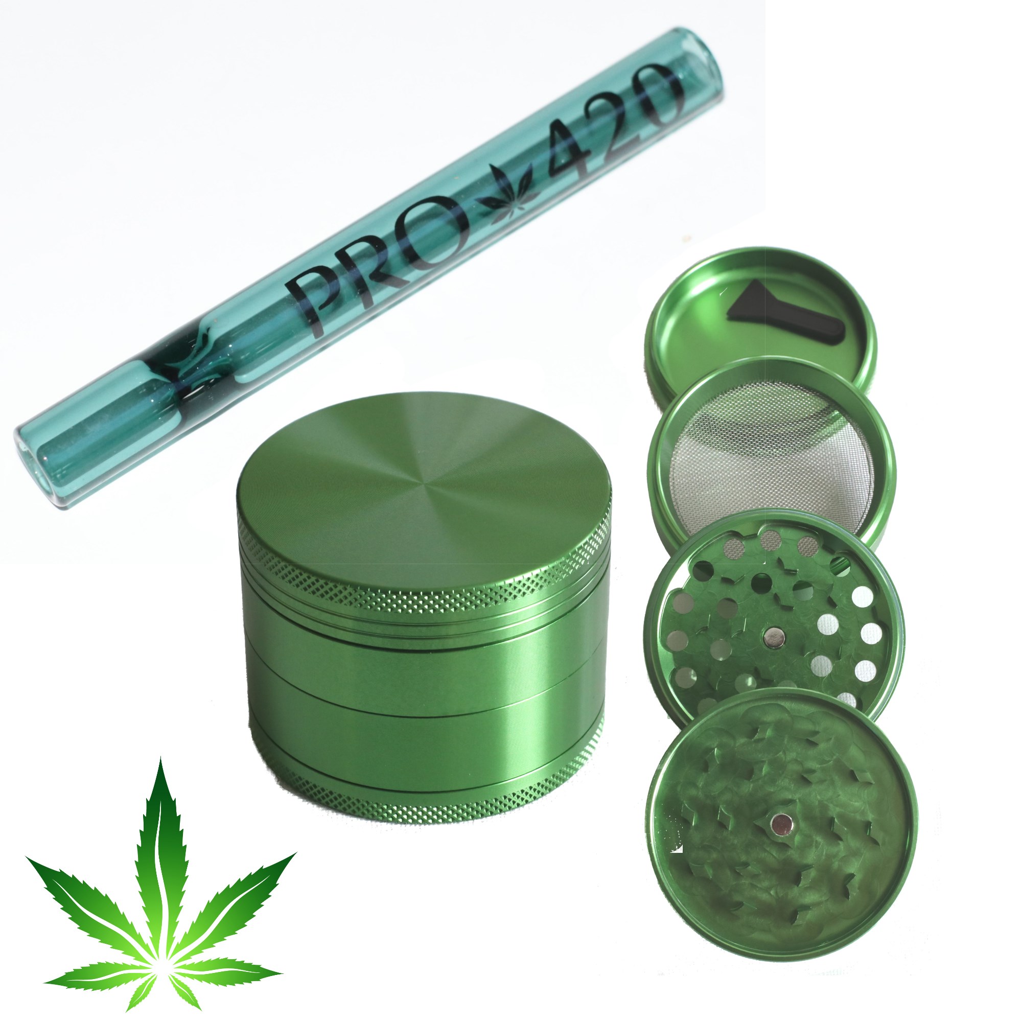 PRO 420 Green Gift Pack- Herb Grinder & Glass Pipe-Great Gift for Smokers - Grind in style, smoke through a clean glass pipe.  This is a perfect combo to smoke in style.