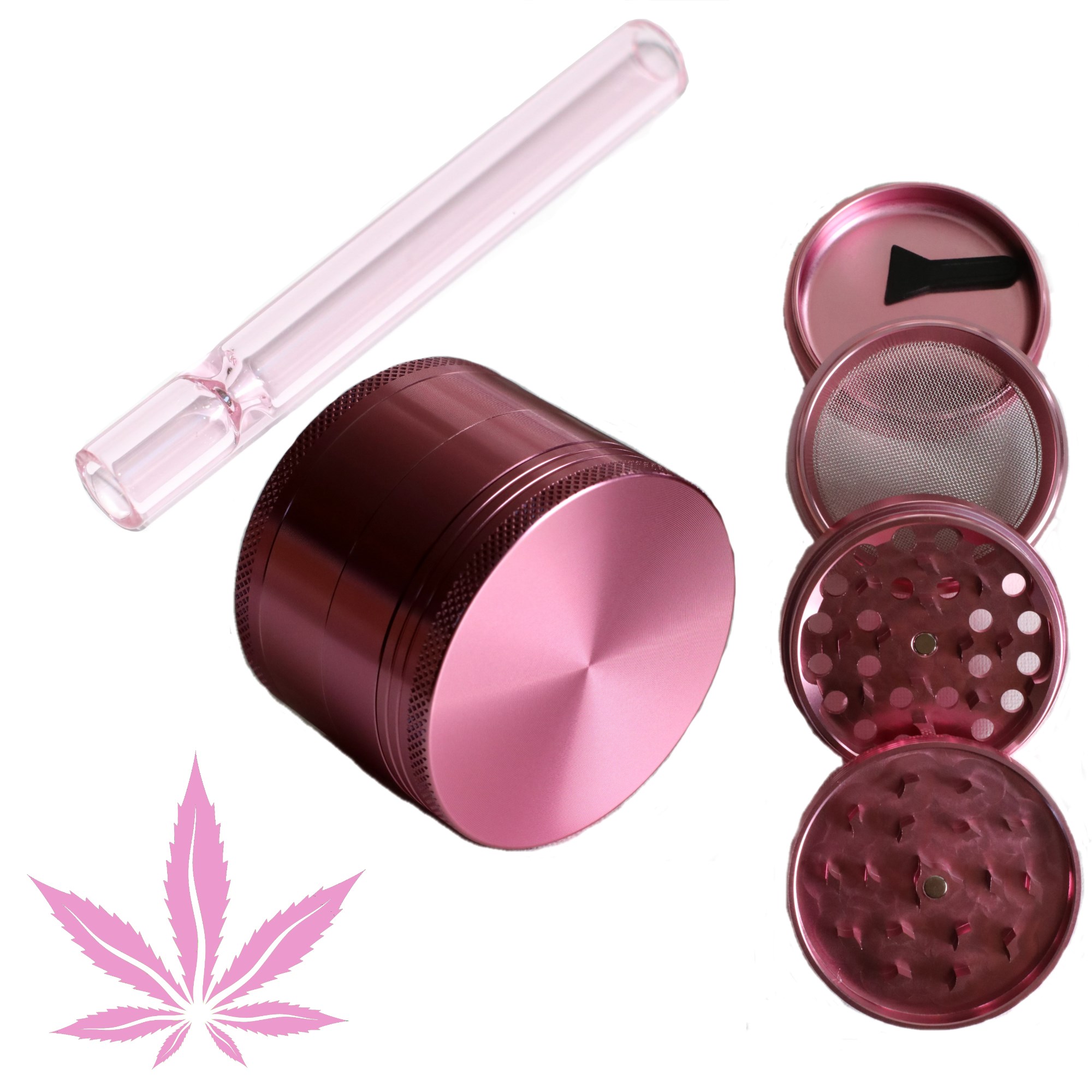 PRO 420 Pink Gift Pack- Herb Grinder & Glass Pipe-Great Gift for Smokers - Pink Weed Grinder & Glass Pipe
