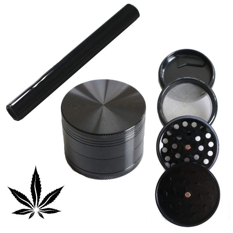 PRO 420 Black Gift Pack- Herb Grinder & Glass Pipe-Great Gift for Smokers - Black Glass Pipe & Weed Grinder