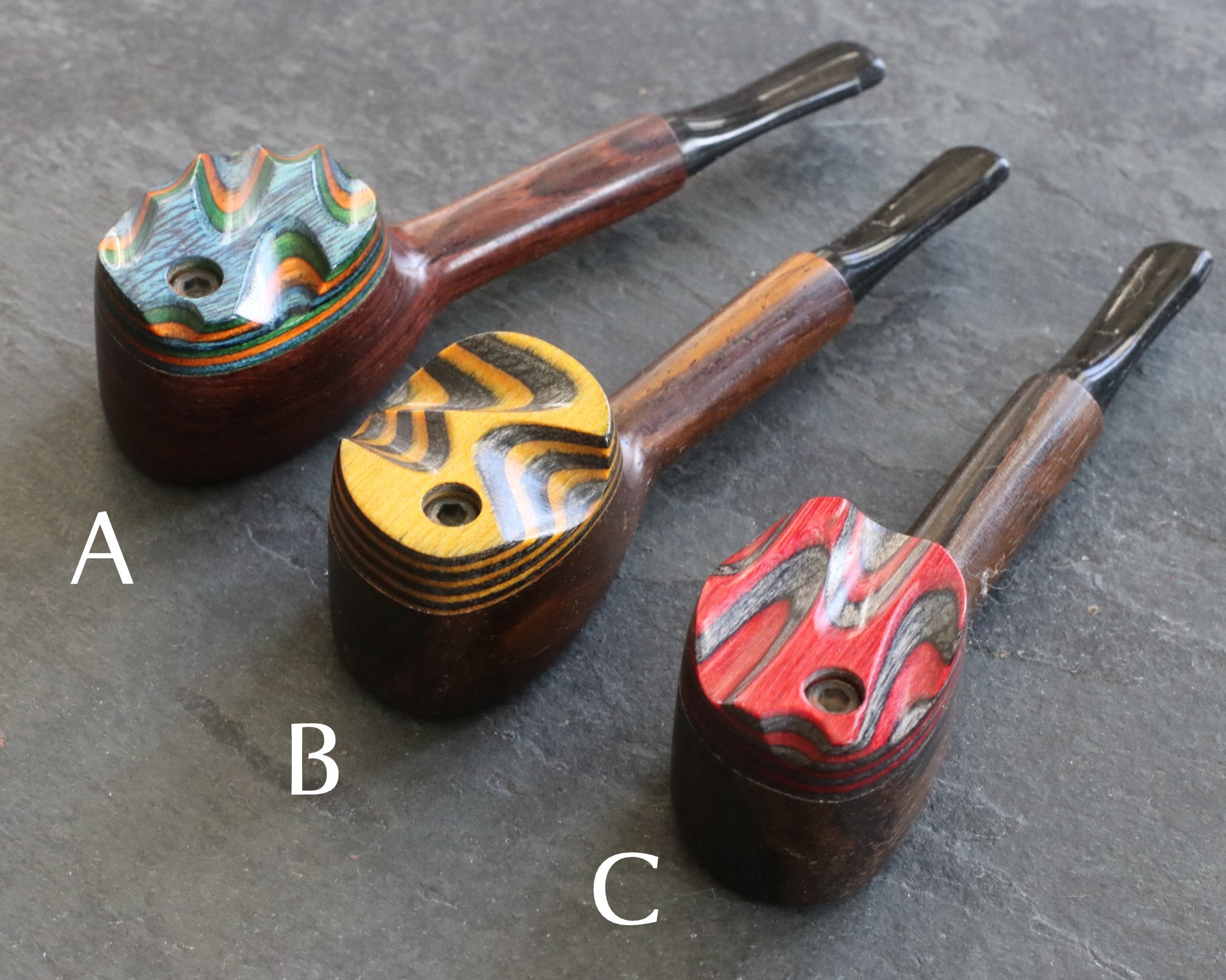 4" Swivel Lid Wood Pipe-DC2 COLOR ETCH LID-Handcrafted American Smoking Pipe - Exotic Wood Swivel Lid Pipes