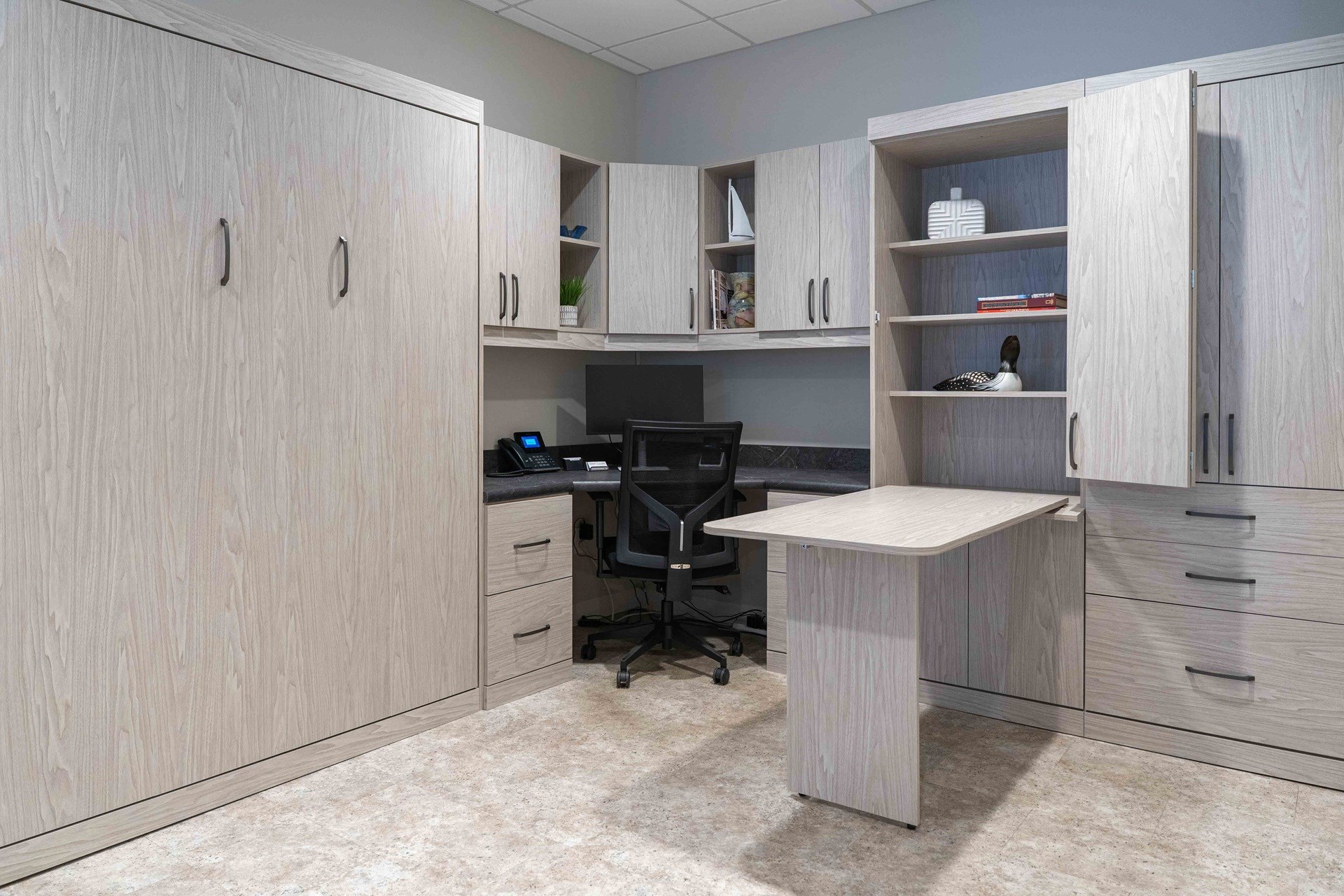 Home office with built-in desk