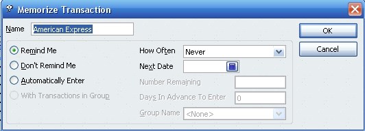 Memorized Transaction Dialog Box